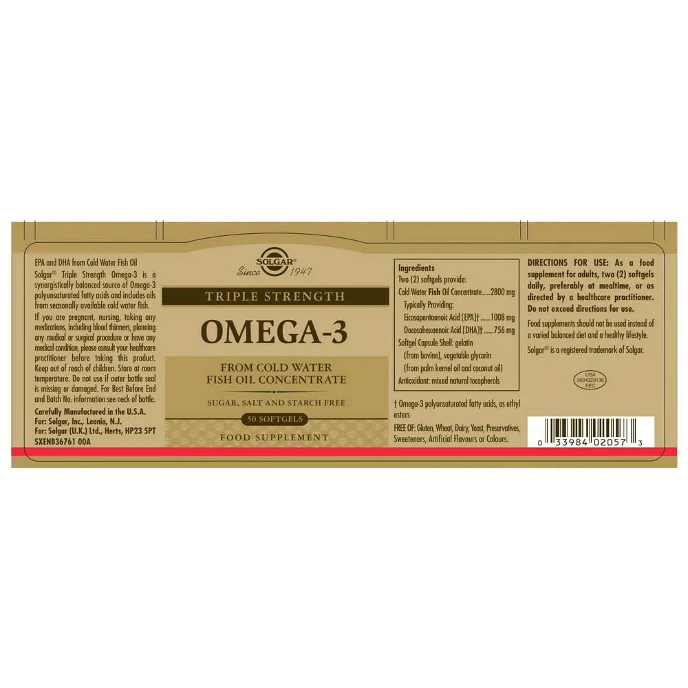 Solgar Omega-3 Dreifachstärke 50 Weichkapseln, Brown, One Size Solgar Omega-3 Dreifachstärke 50 Weichkapseln, Brown, One Size