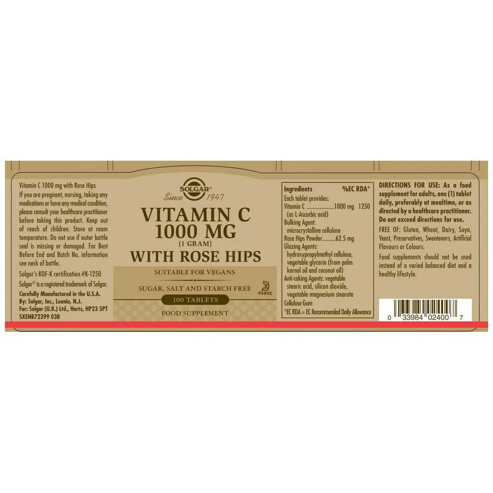 Solgar Rose Hips C 1000mg Tabletten 100 Einheiten, Brown, One Size Solgar Rose Hips C 1000mg Tabletten 100 Einheiten, Brown, One Size