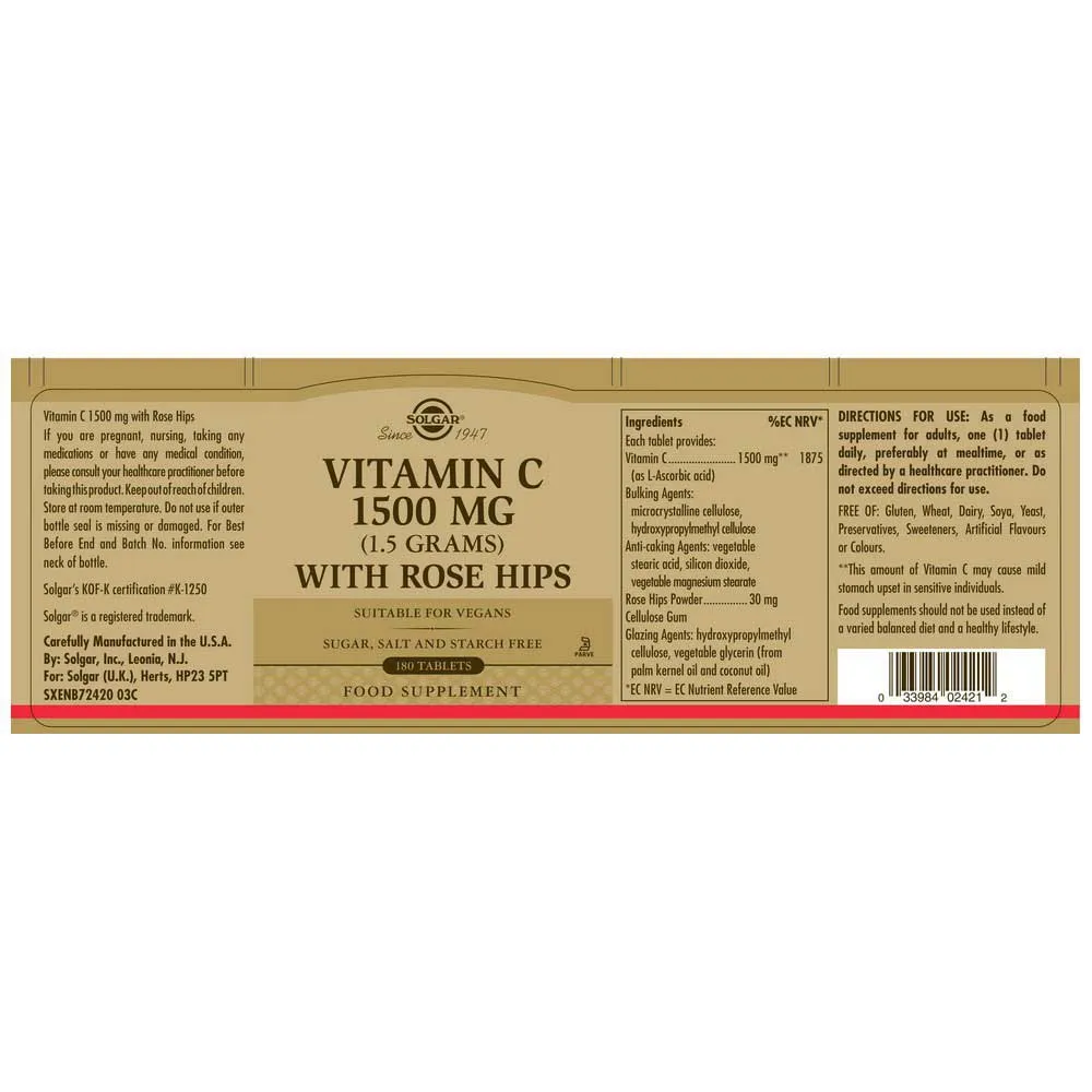 Solgar Rose Hips C 1500mg Tabletten 180 Einheiten, Black, One Size Solgar Rose Hips C 1500mg Tabletten 180 Einheiten, Black, One Size