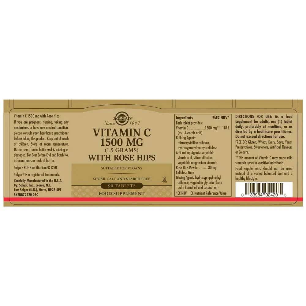 Solgar Rose Hips C 1500mg Tabletten 90 Einheiten, Brown, One Size