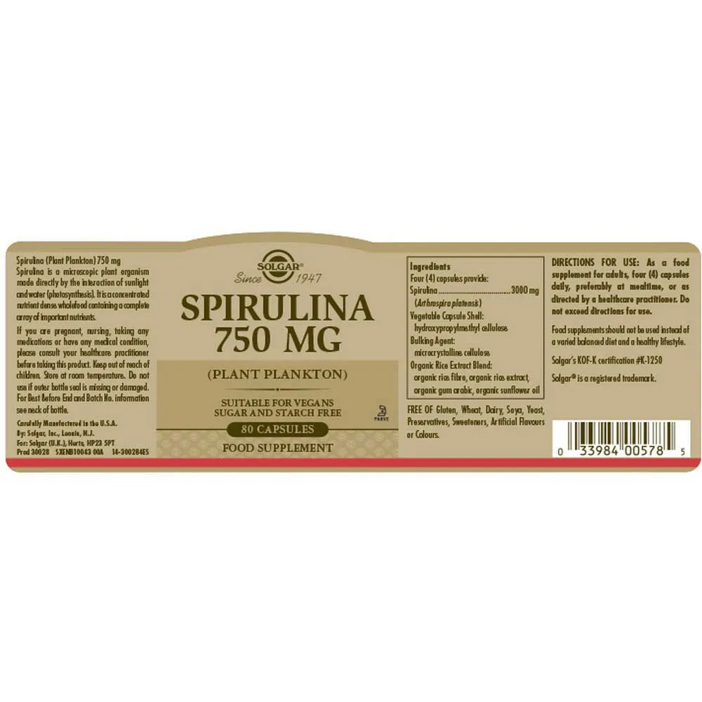 Solgar Spirulina Vegetarian 750mg Tabletten 80 Einheiten, Brown, One Size Solgar Spirulina Vegetarian 750mg Tabletten 80 Einheiten, Brown, One Size