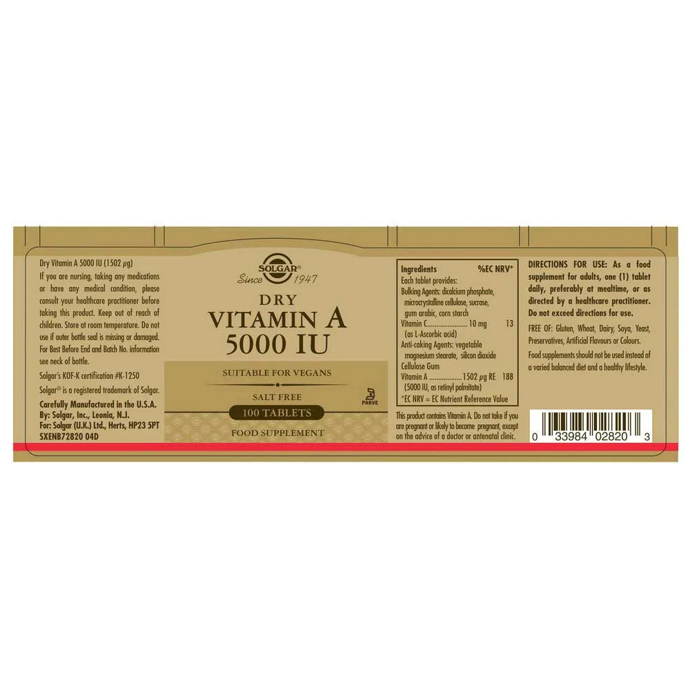 Solgar Vit A 5000iu Dry Tabletten 100 Einheiten, Brown, One Size Solgar Vit A 5000iu Dry Tabletten 100 Einheiten, Brown, One Size