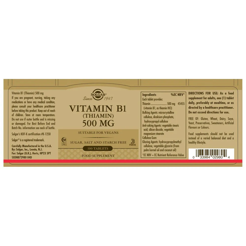 Solgar Vitamin B1 Thiamin 500 Mg 100 Einheiten, Brown, One Size Solgar Vitamin B1 Thiamin 500 Mg 100 Einheiten, Brown, One Size