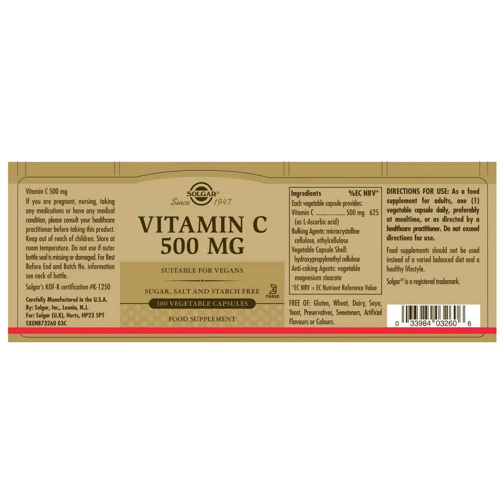Solgar Vitamin C 500 Mg 100 Einheiten, Golden, One Size Solgar Vitamin C 500 Mg 100 Einheiten, Golden, One Size