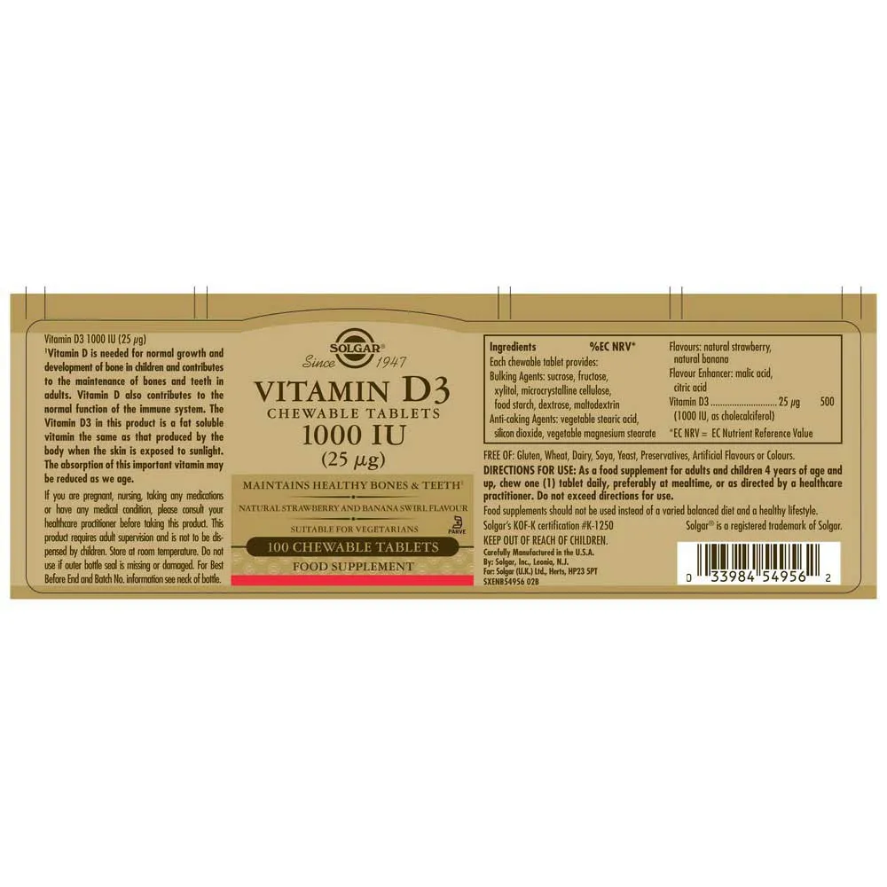 Solgar Vitamin D3 1000 Iu 25 Mcg Tabletten 100 Einheiten, Brown, One Size Solgar Vitamin D3 1000 Iu 25 Mcg Tabletten 100 Einheiten, Brown, One Size