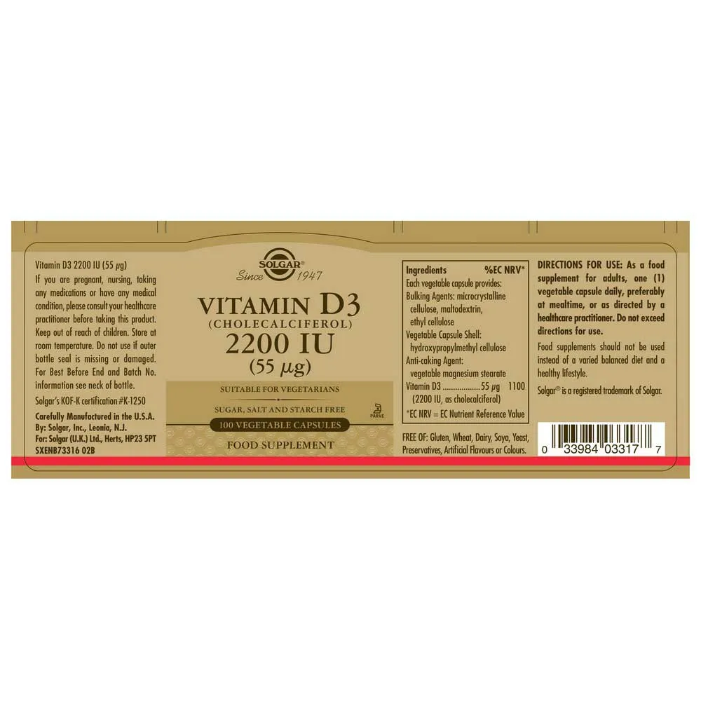 Solgar Vitamin D3 2200 Ie 55 Mcg 100 Einheiten, Brown, One Size Solgar Vitamin D3 2200 Ie 55 Mcg 100 Einheiten, Brown, One Size