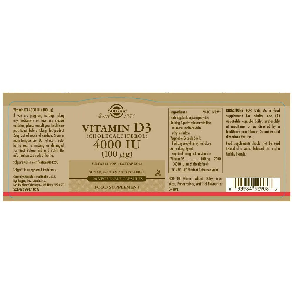 Solgar Vitamin D3 4000 Ie 100 Mcg 120 Einheiten, Brown, One Size Solgar Vitamin D3 4000 Ie 100 Mcg 120 Einheiten, Brown, One Size
