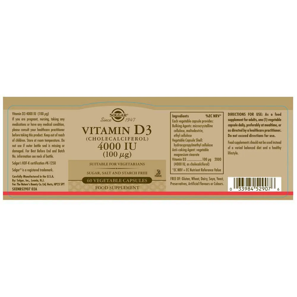Solgar Vitamin D3 4000 Ie 100 Mcg 60 Einheiten, Brown, One Size Solgar Vitamin D3 4000 Ie 100 Mcg 60 Einheiten, Brown, One Size