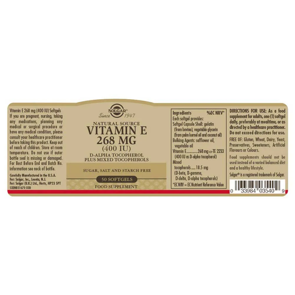 Solgar Vitamin E 400 Ie 268mg 50 Einheiten, Brown, One Size Solgar Vitamin E 400 Ie 268mg 50 Einheiten, Brown, One Size