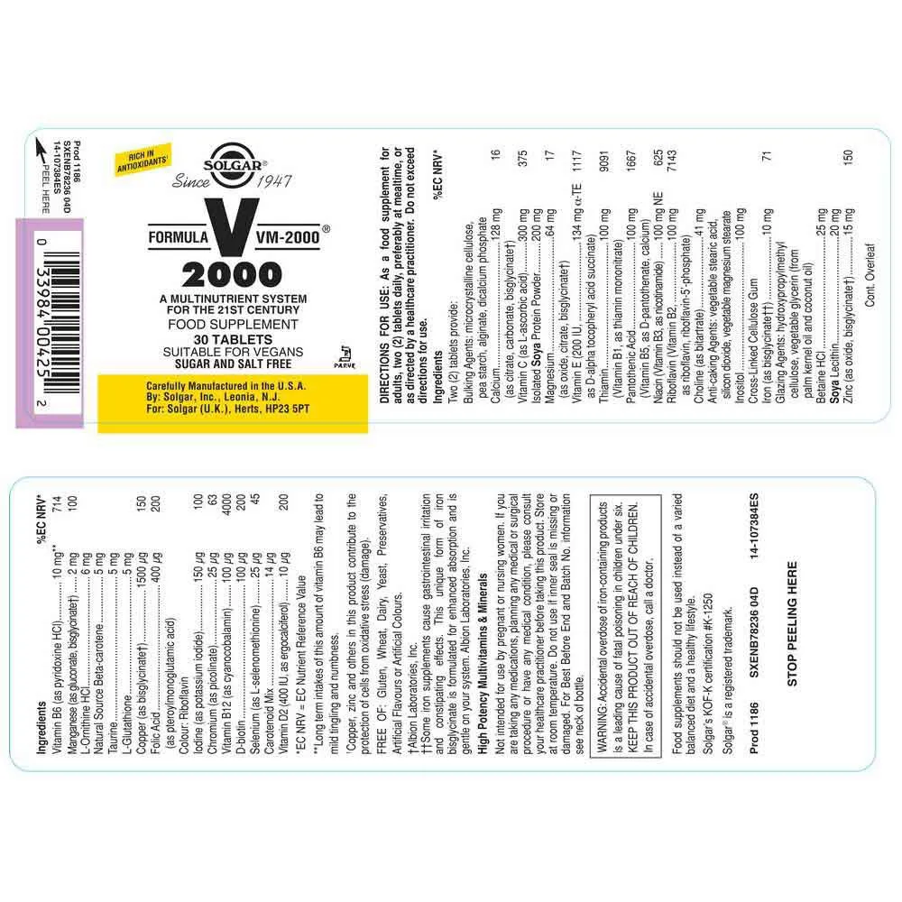 Solgar Vm-2000 Tabletten 30 Einheiten, Brown, One Size