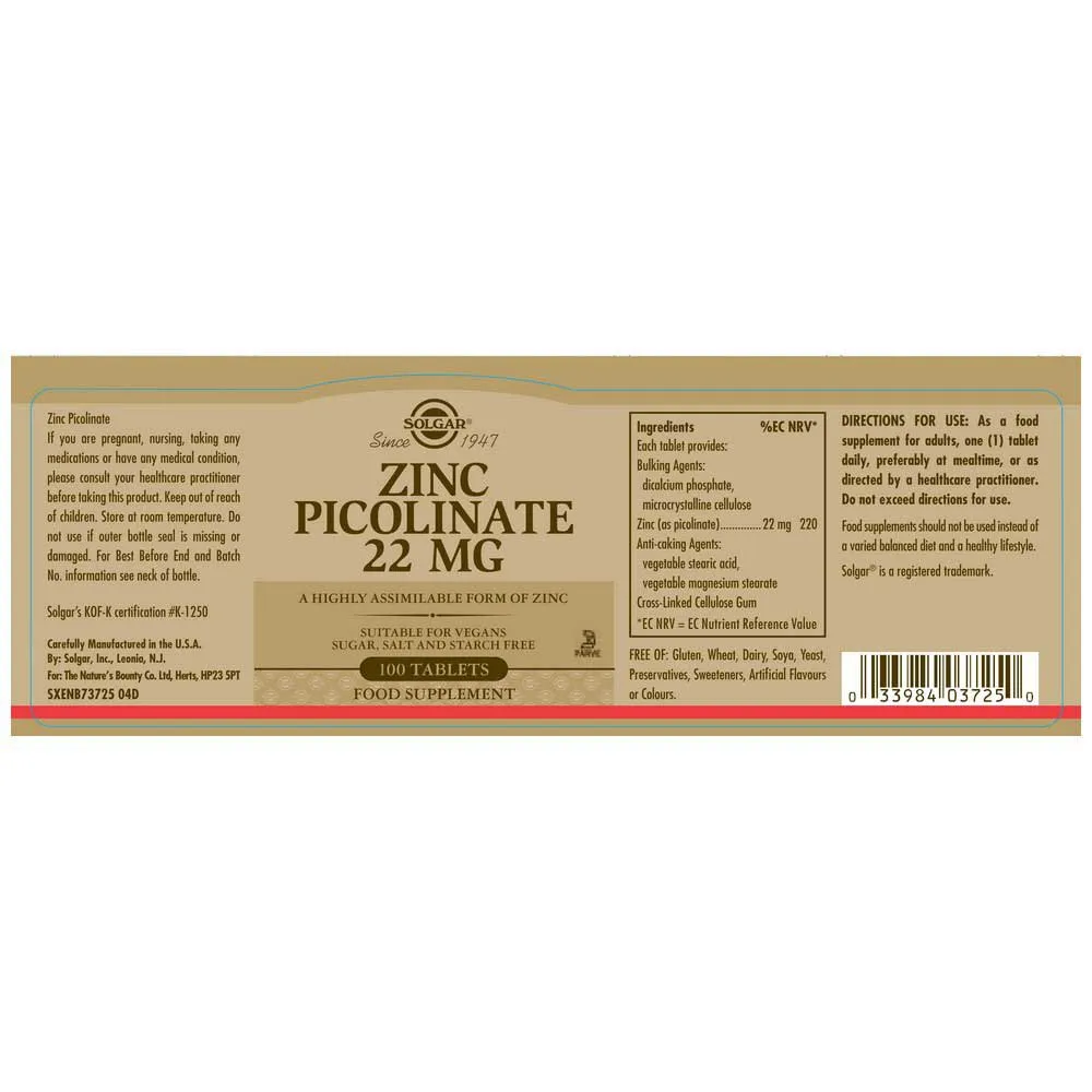 Solgar Zinc Picolinate 22mg Tabletten 100 Einheiten, Brown, One Size Solgar Zinc Picolinate 22mg Tabletten 100 Einheiten, Brown, One Size