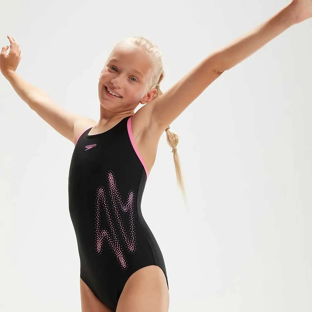 Speedo Boom Logo Placement Flyback Badeanzug female, Black / taffy pink, 5-6Y
