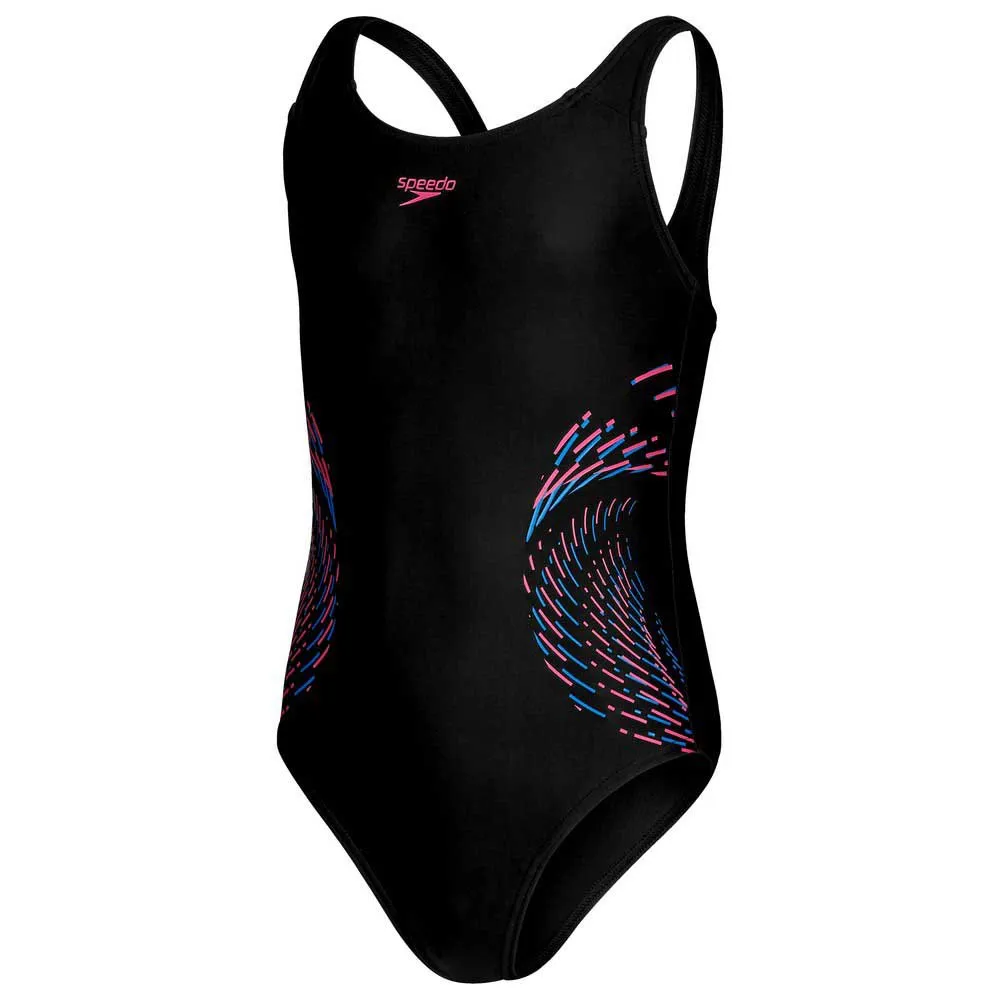 Speedo Plastisol Placement Muscleback Badeanzug female, Black / rose violet / bondi blue, 5-6Y