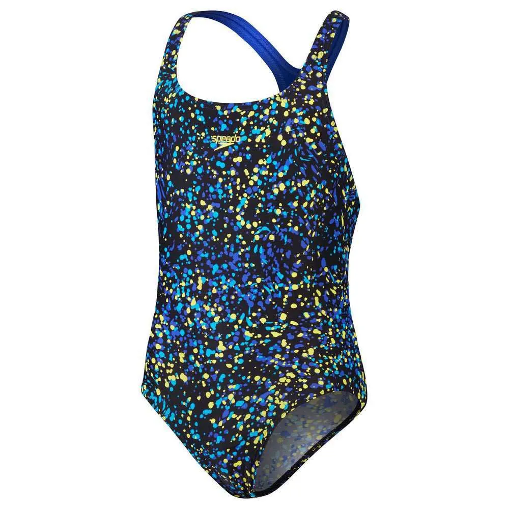 Speedo Printed Medalist Badeanzug female, Black / cobalt pop / bolt / lemon drizzle, 5-6Y