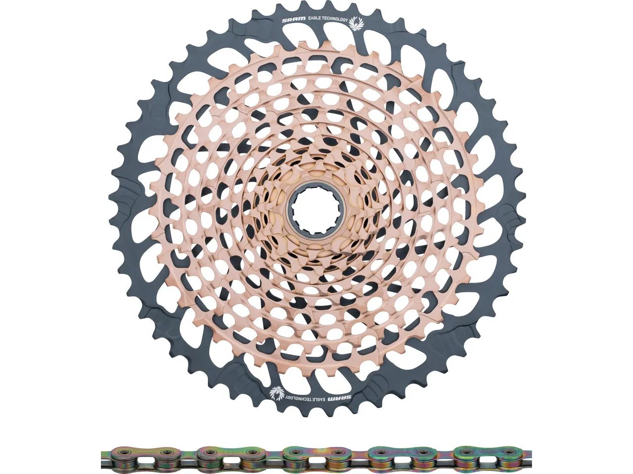 SRAM XX1 Eagle XG-1299 Kassette + PC XX1 Eagle Kette 12-fach Verschleißset, Braun/bunt, 10-52 SRAM XX1 Eagle XG-1299 Kassette + PC XX1 Eagle Kette 12-fach Verschleißset, Braun/bunt, 10-52