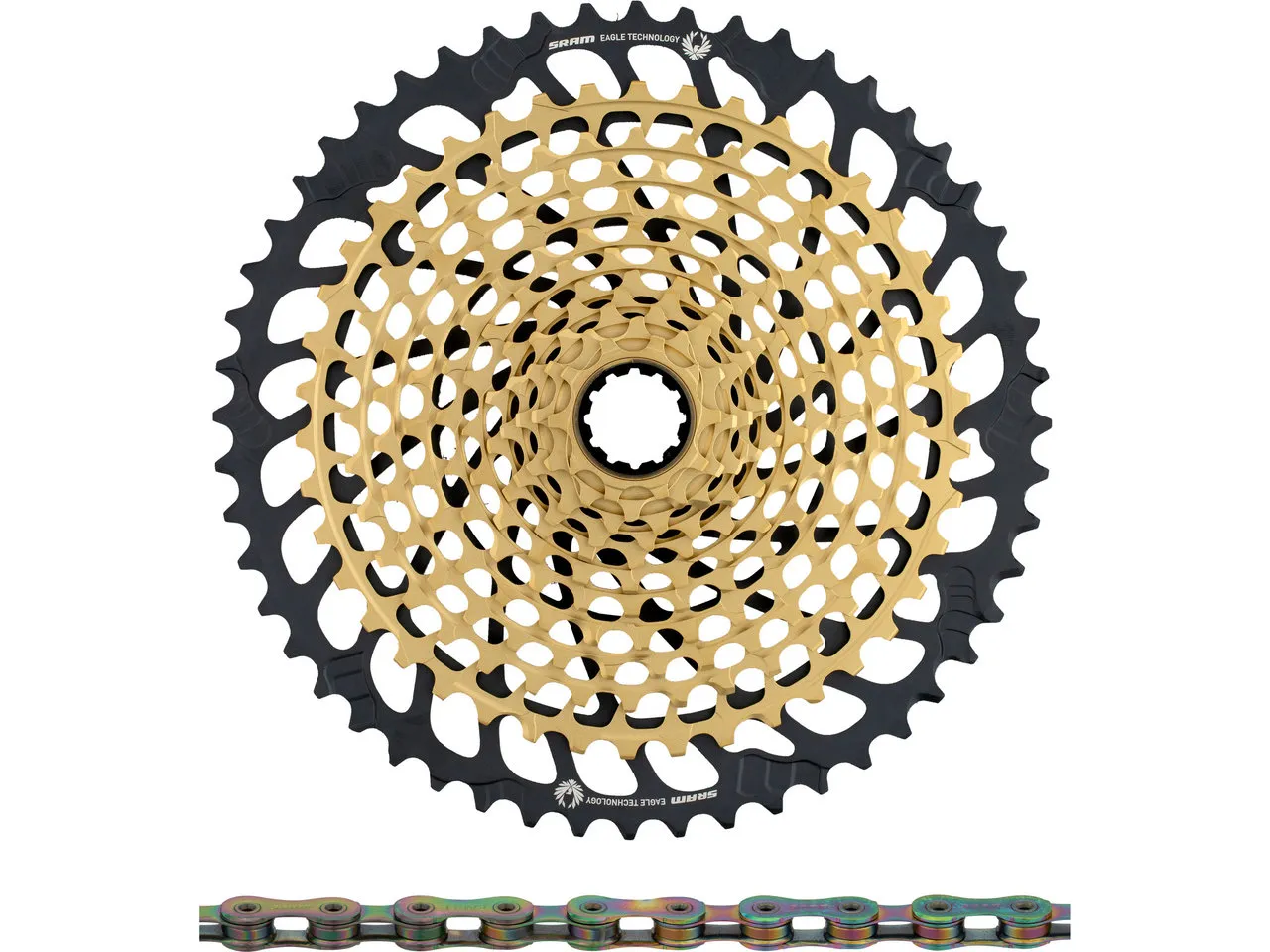 SRAM XX1 Eagle XG-1299 Kassette + PC XX1 Eagle Kette 12-fach Verschleißset, Bunt/gelb, 10-52 SRAM XX1 Eagle XG-1299 Kassette + PC XX1 Eagle Kette 12-fach Verschleißset, Bunt/gelb, 10-52