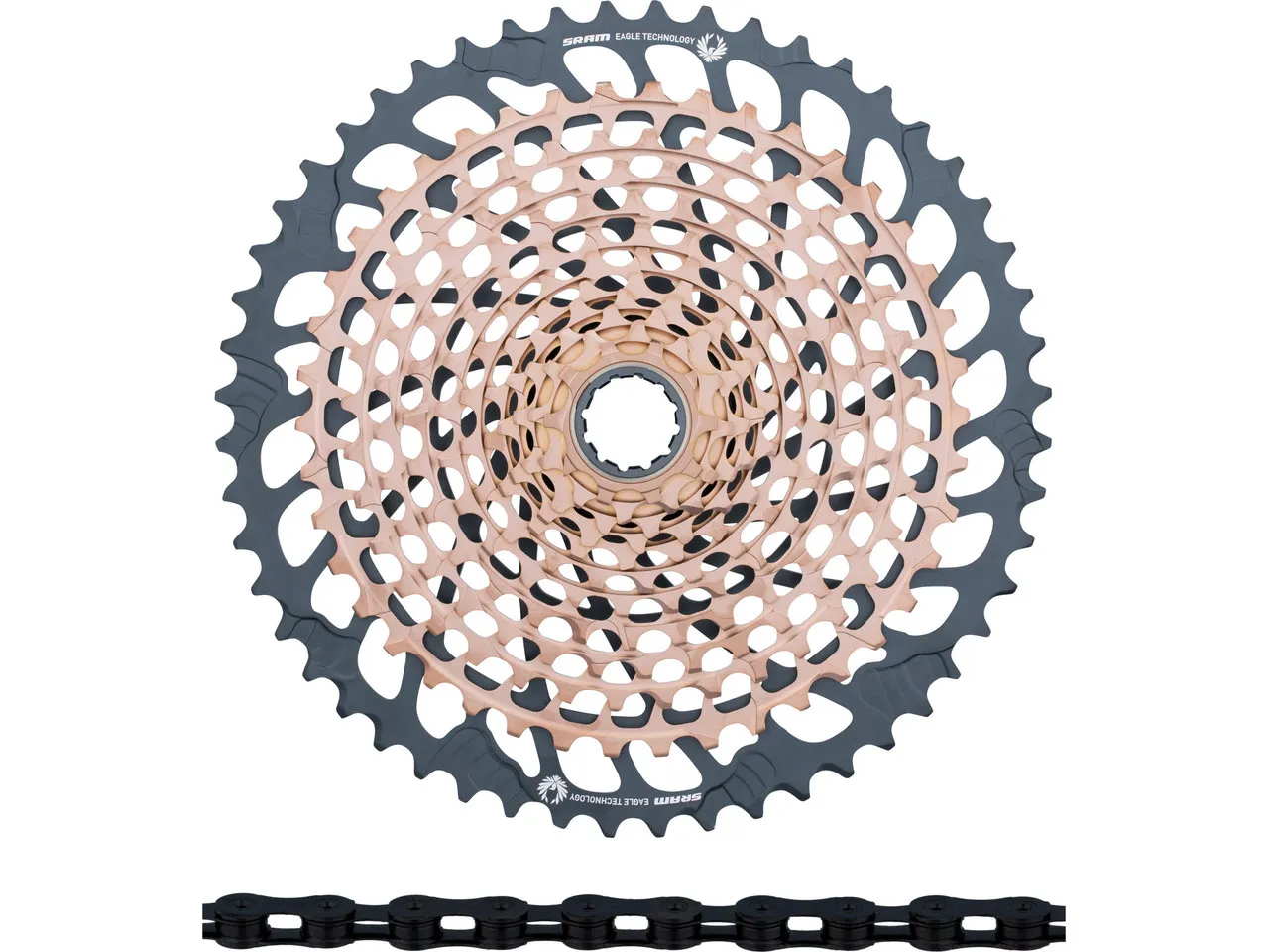 SRAM XX1 Eagle XG-1299 Kassette + PC XX1 Eagle Kette 12-fach Verschleißset, Schwarz/braun, 10-52 SRAM XX1 Eagle XG-1299 Kassette + PC XX1 Eagle Kette 12-fach Verschleißset, Schwarz/braun, 10-52