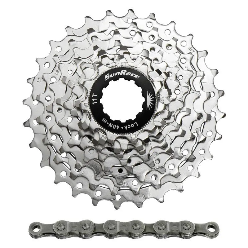 SunRace Kassette mit Kette R91 11-28 Route Shimano Nickel Unisex, silber, 11-28t