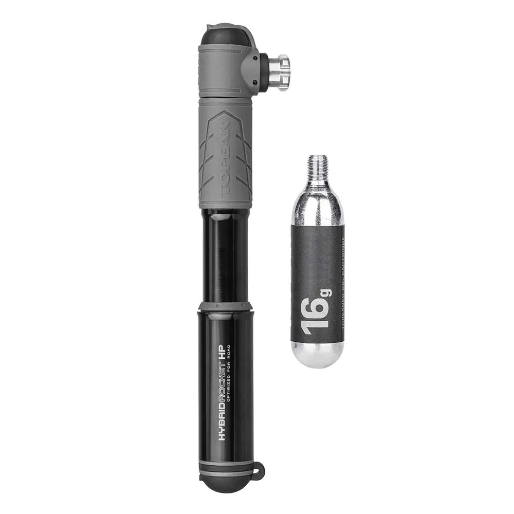 Topeak Hybrid Rocket Hp With 16g Threaded Co2 Cartridge Mini-pumpe, Black / grey, 160psi Topeak Hybrid Rocket Hp With 16g Threaded Co2 Cartridge Mini-pumpe, Black / grey, 160psi