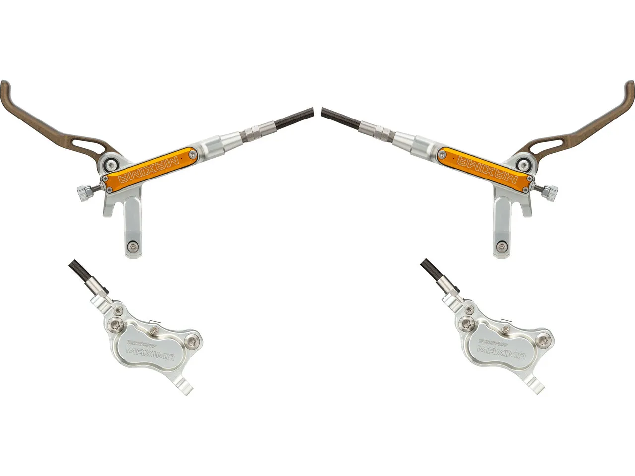 Trickstuff Maxima v+h Set Scheibenbremse mit Stahlflexleitung PU-ummantelt, Silber-orange, Satz (VR + HR)