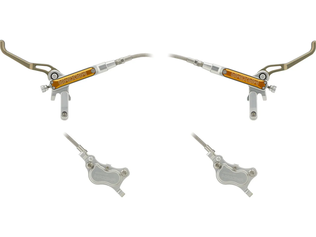 Trickstuff Maxima v+h Set Scheibenbremse mit Stahlflexleitung, Silber-orange, Satz (VR + HR) Trickstuff Maxima v+h Set Scheibenbremse mit Stahlflexleitung, Silber-orange, Satz (VR + HR)